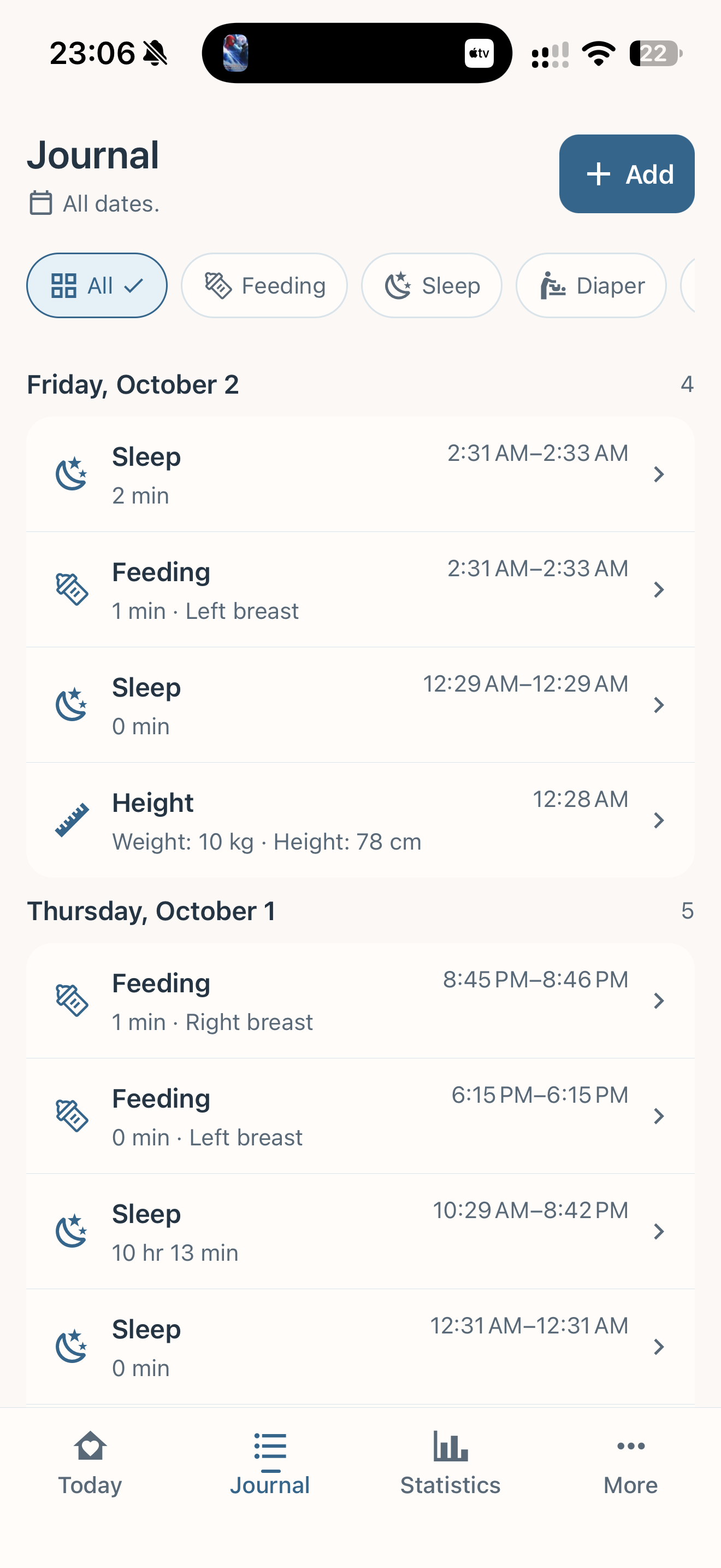 Baby Journal Journal screen with dated feeding, sleep and growth entries in the blue theme